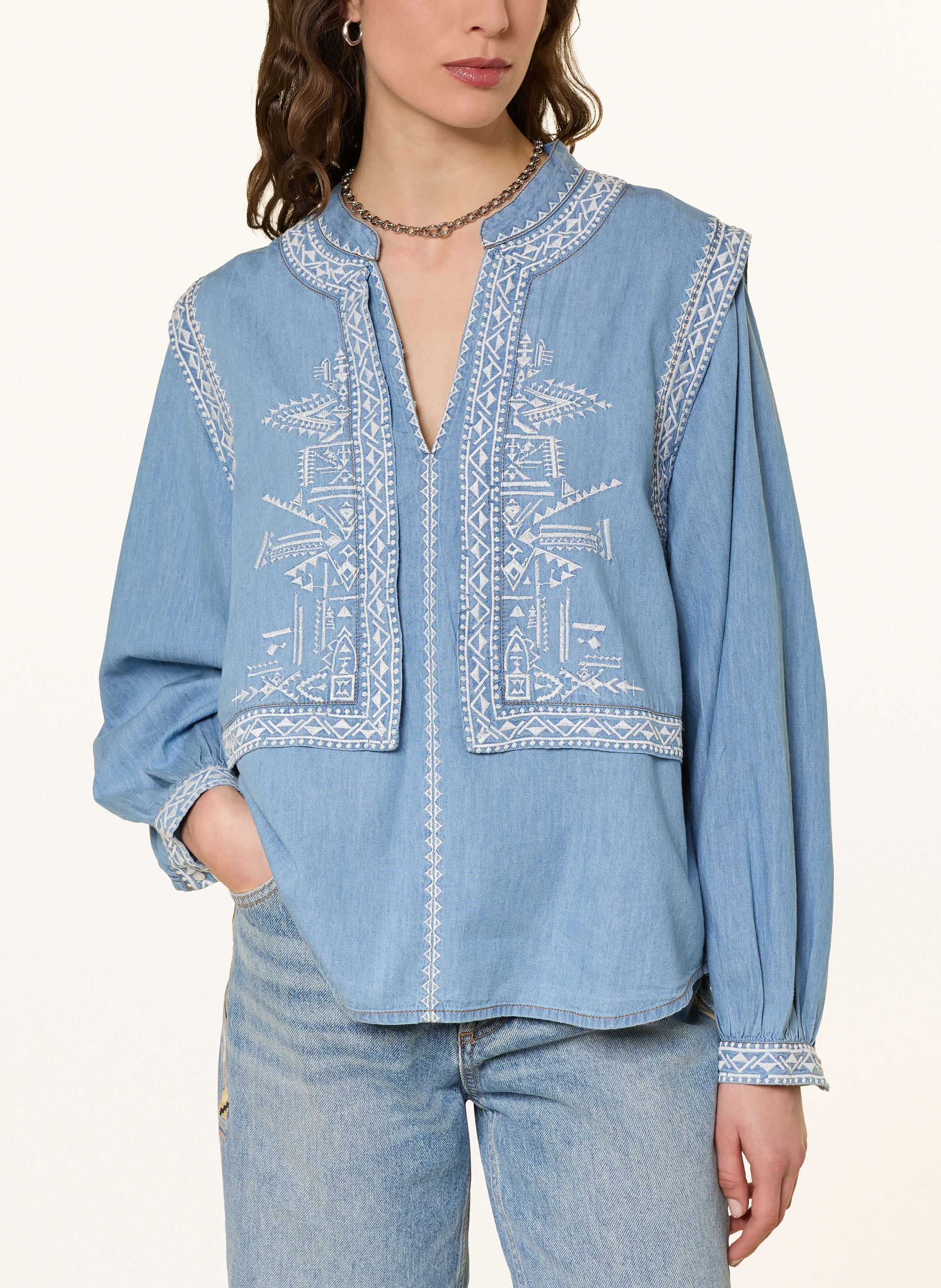 ba&sh LAURA Denim-Look Blouse: LIGHT BLUE / WHITE