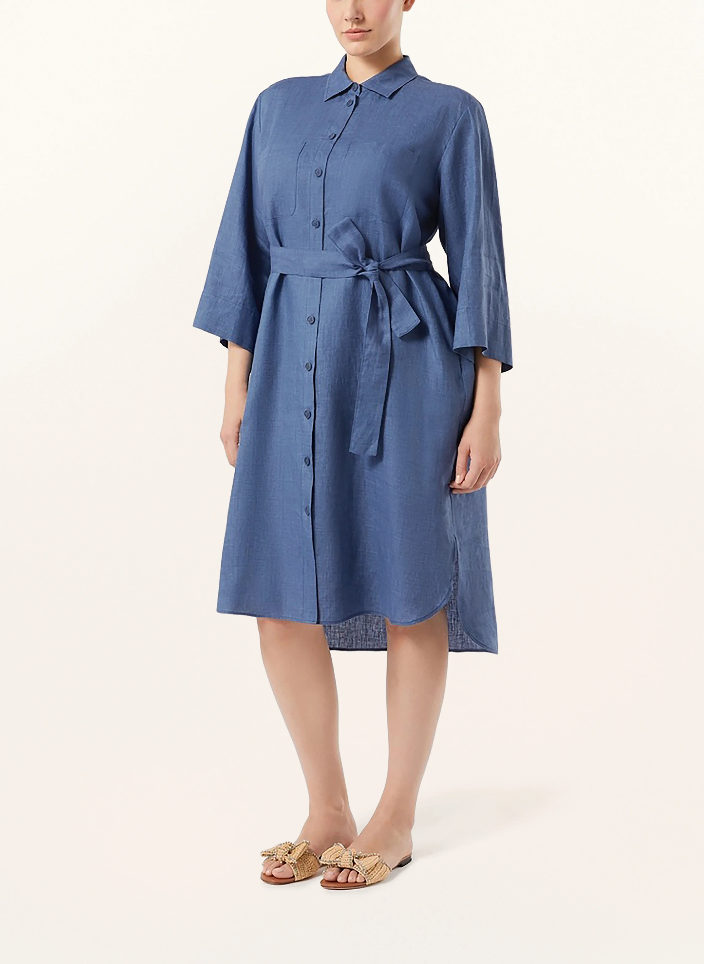 MARINA RINALDI MRSAGO linen shirt dress with 3/4 sleeves in light blue