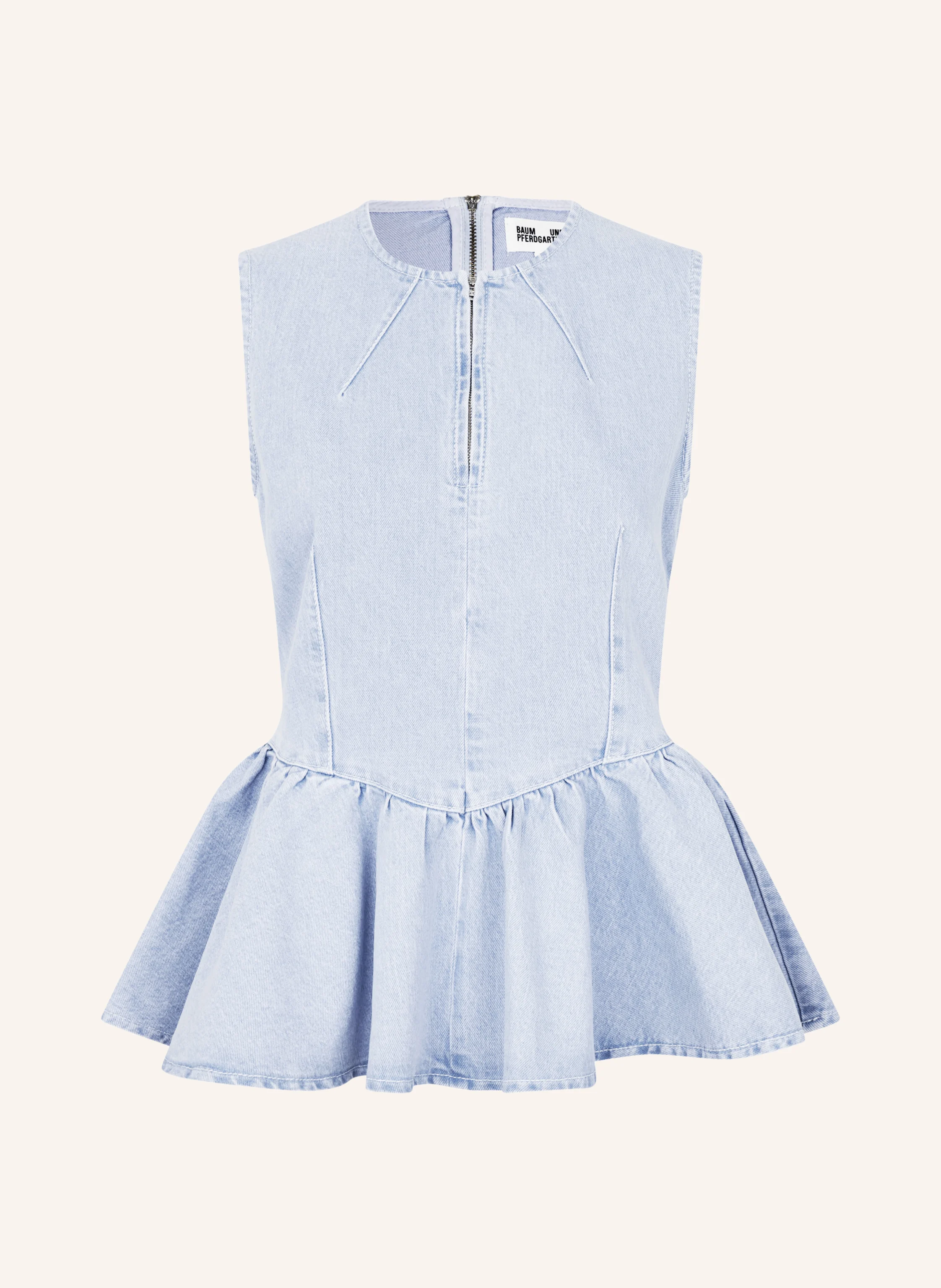 BAUM UND PFERDGARTEN MERJA Denim Top with Ruffles: LIGHT BLUE / BROWN