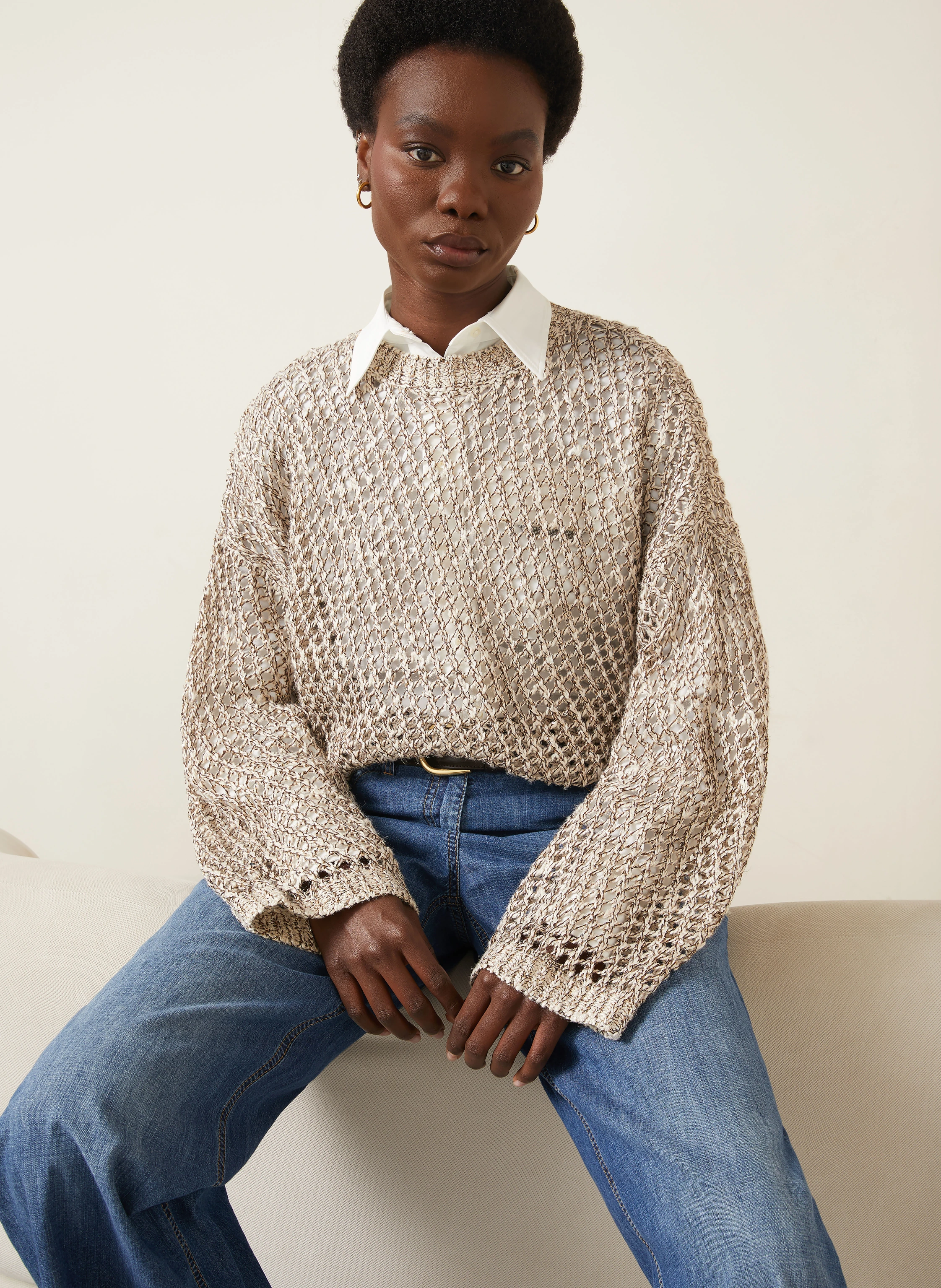 BRUNELLO CUCINELLI Sweater made of linen and silk in light brown