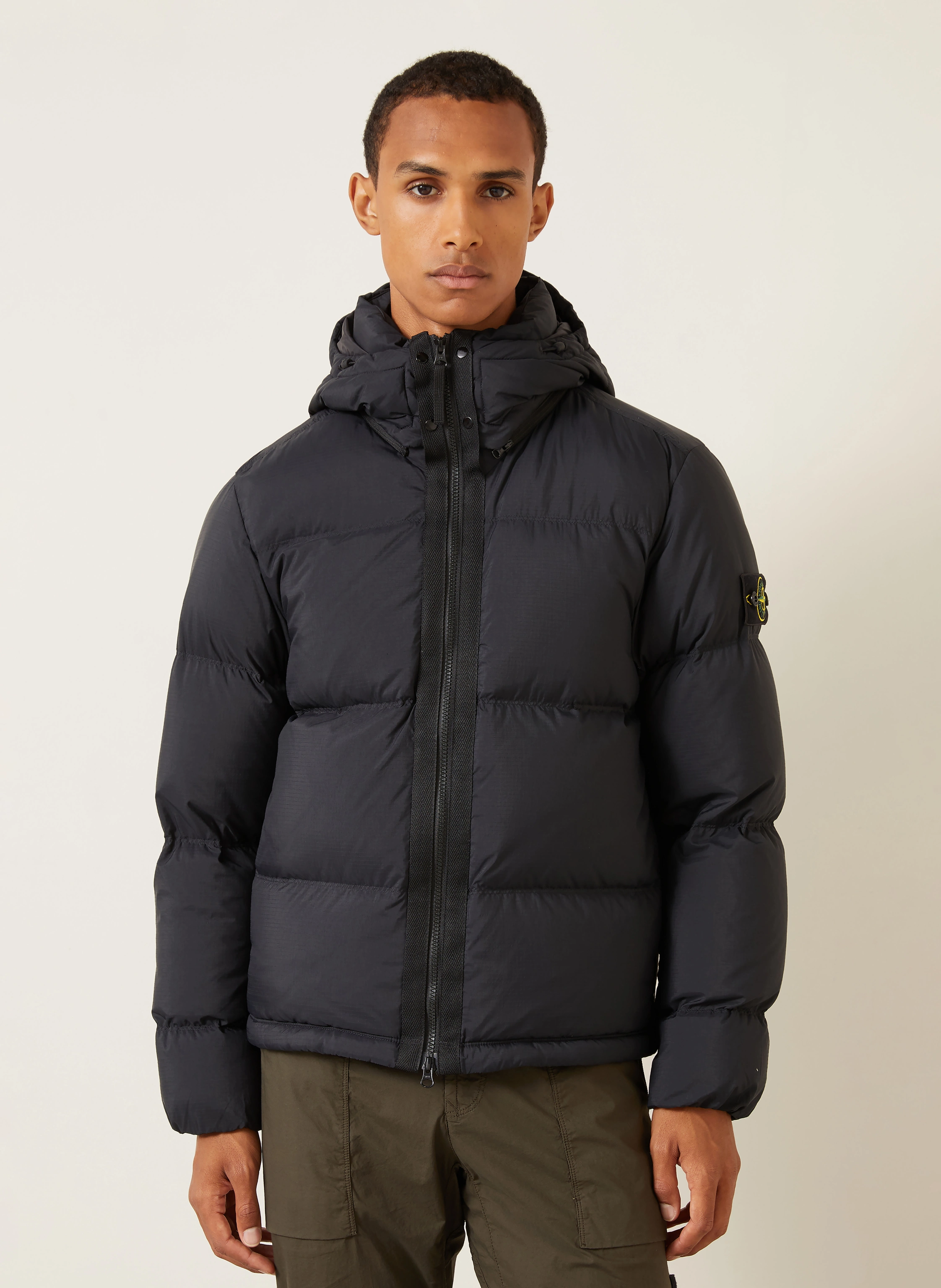STONE ISLAND Down jacket with removable hood in black