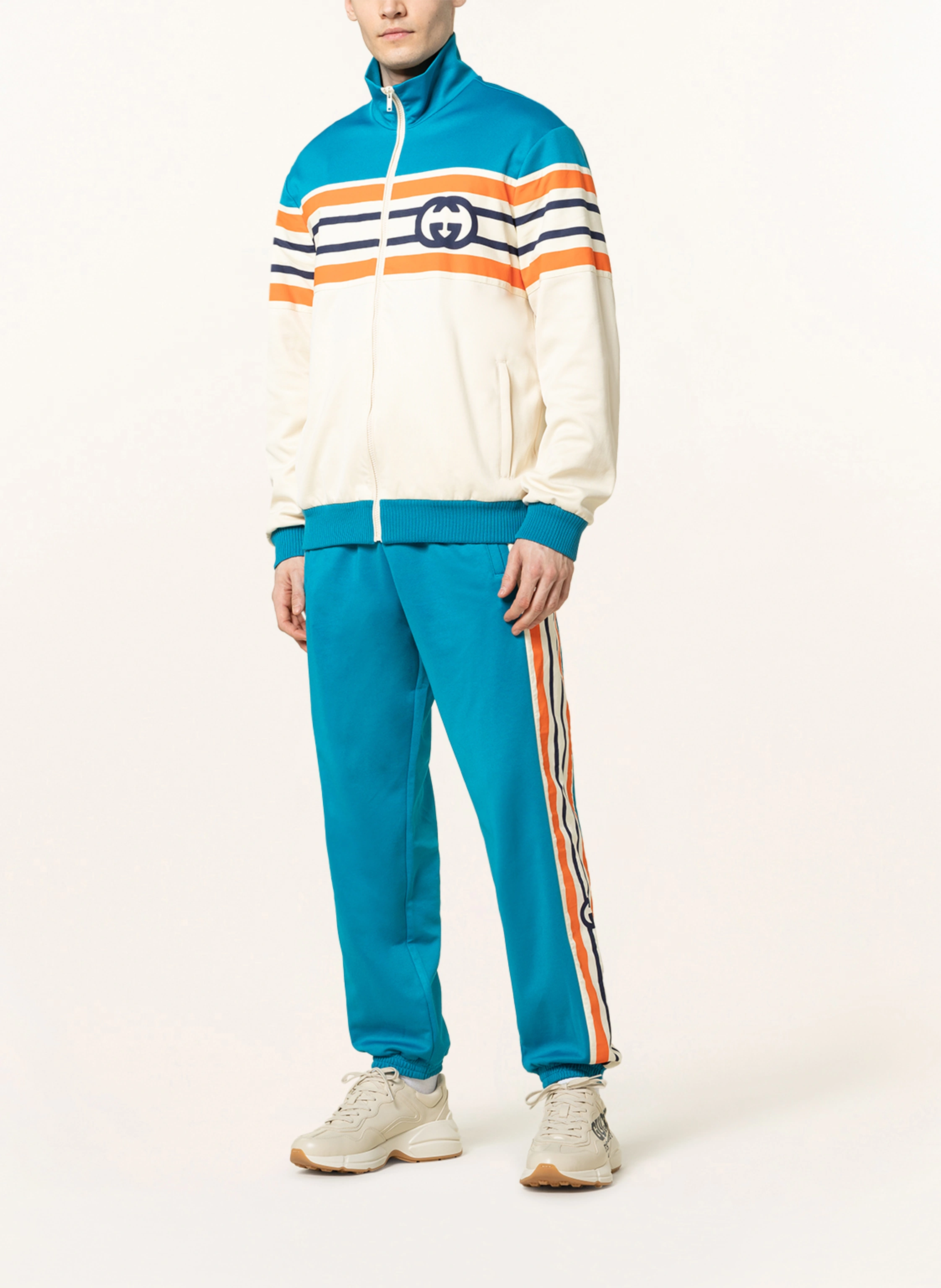 GUCCI Trousers in jogger style in blue/ orange/ ecru