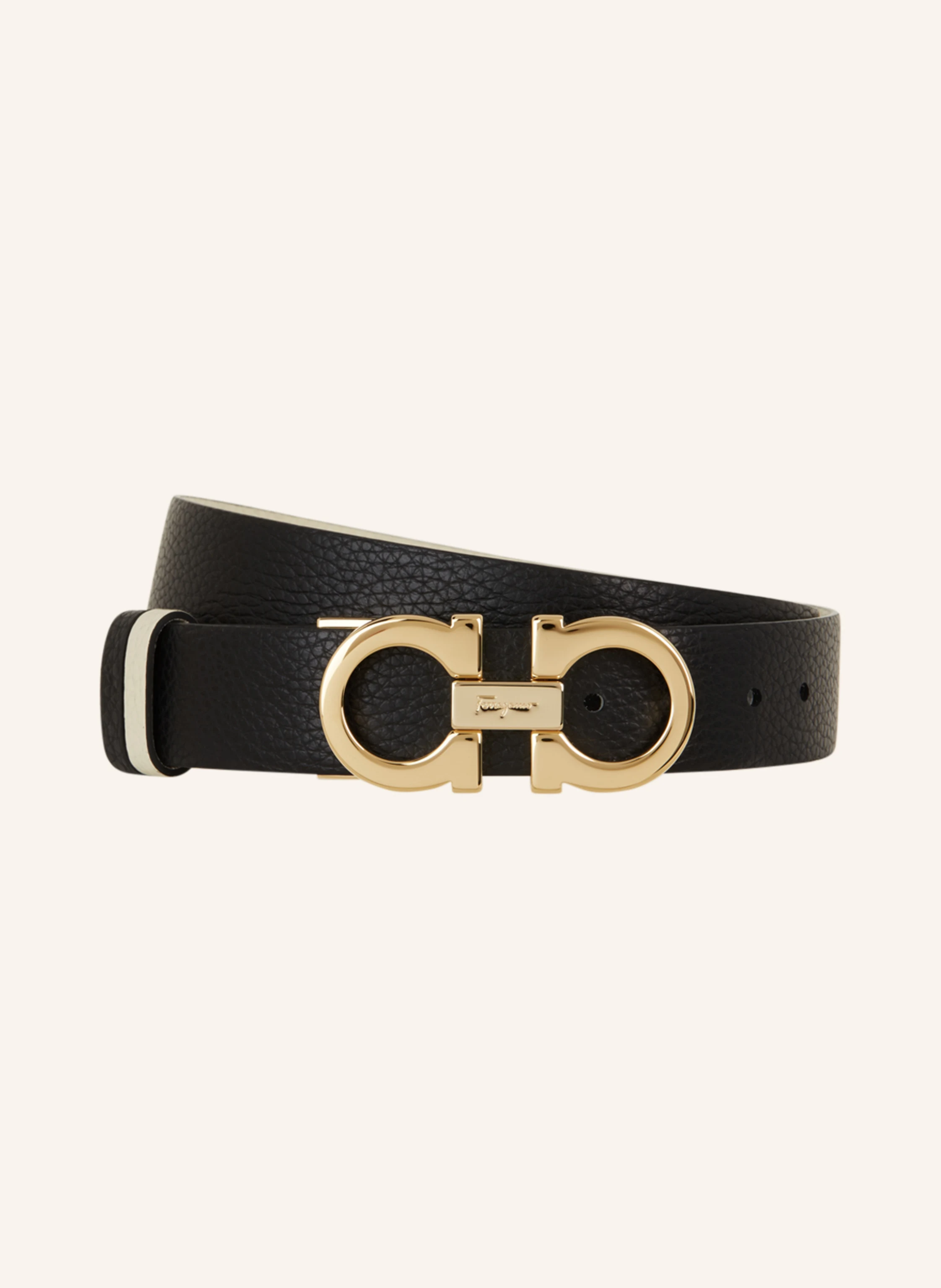 FERRAGAMO Reversible leather belt in ecru/ black