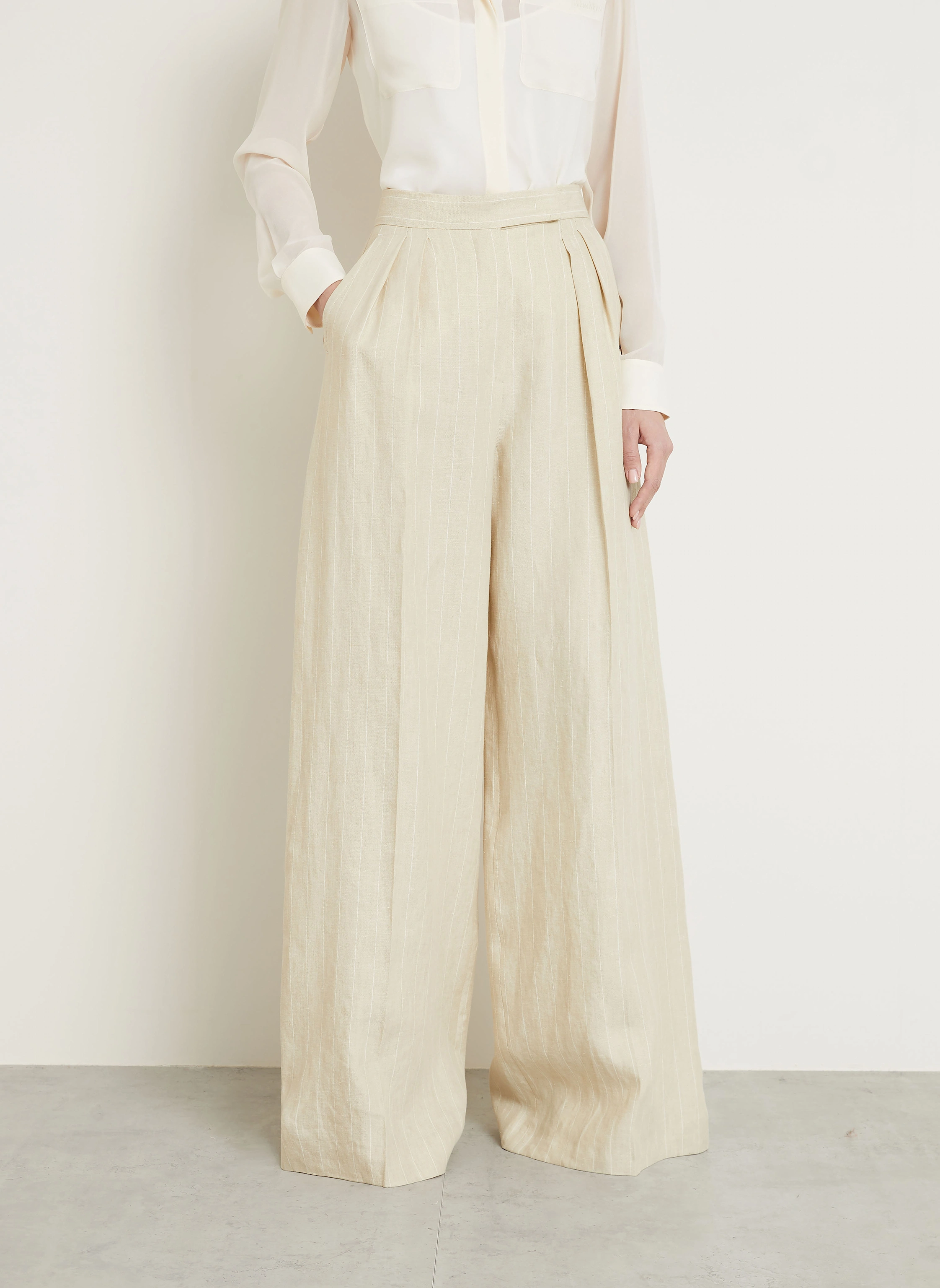 【送料関税込み】Max Mara Rauche Linen Trousers Rauche linen wide-leg pants in brown - Max Mara | Mytheresa