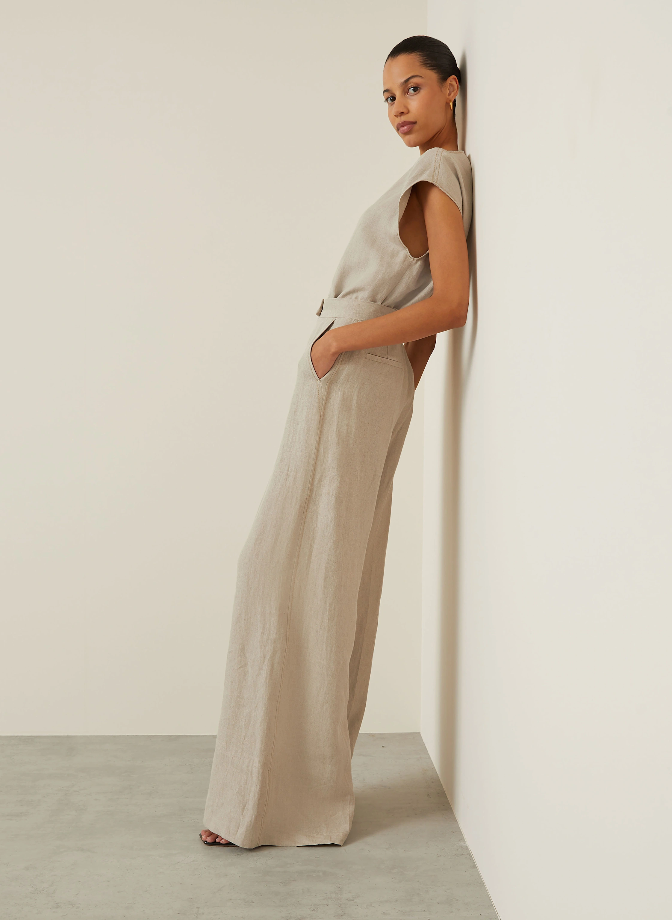 Max Mara SEQUOIA linen wide leg trousers in taupe