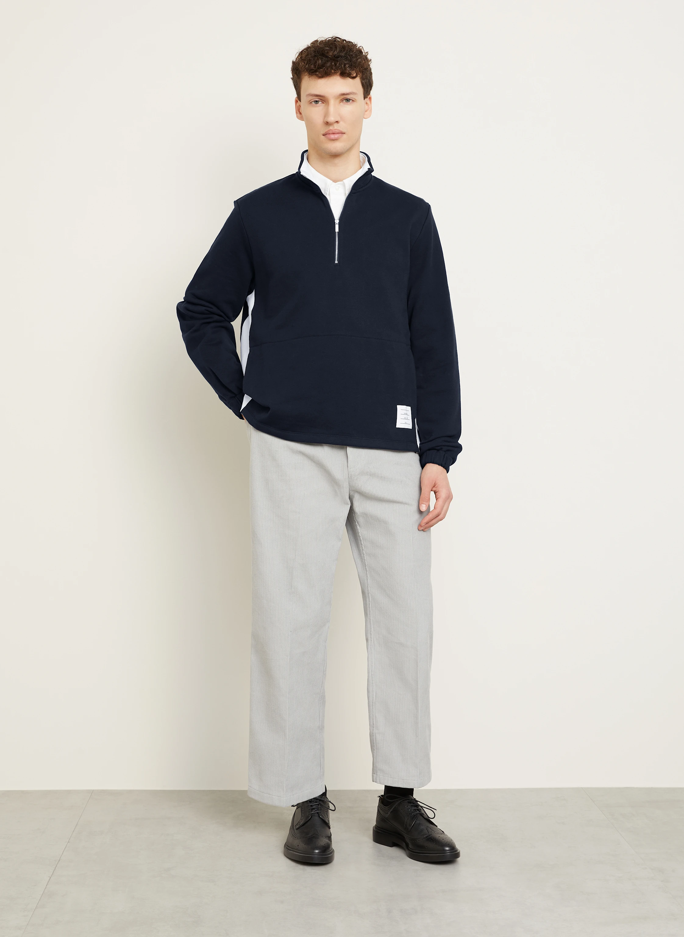 THOM BROWNE. Half-zip sweater in dark blue/ white