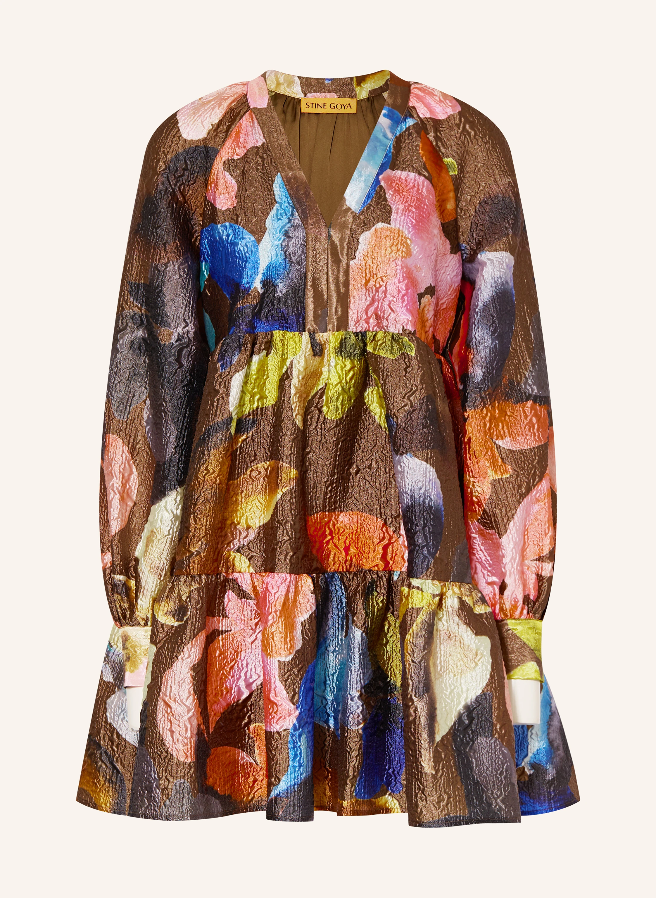 STINE GOYA Jurk DIEREN met ruches in bruin/ blauw/ roze