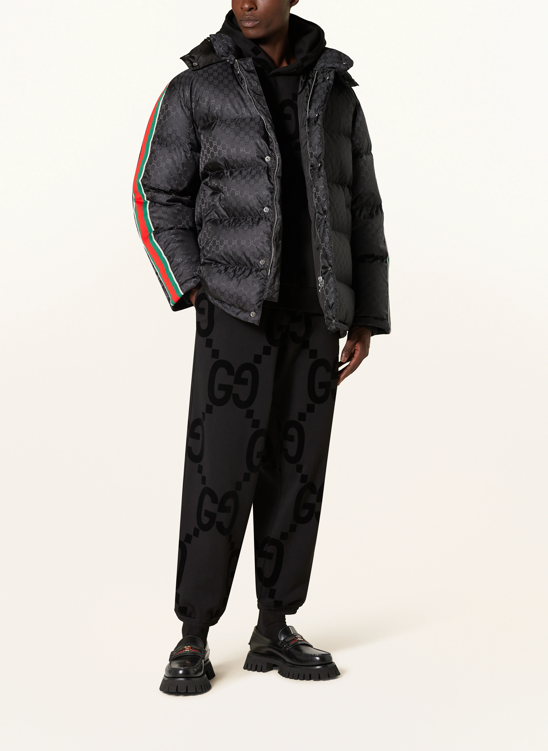 GUCCI Down jacket with tuxedo stripes in black / green / red