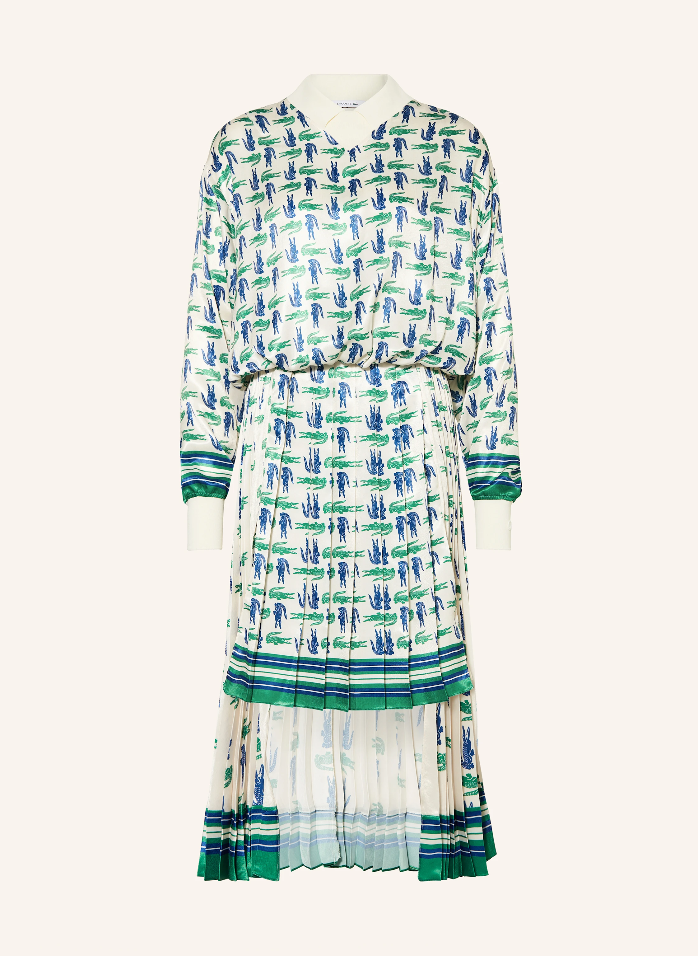 LACOSTE Satin dress with pleats in ecru / blue / green