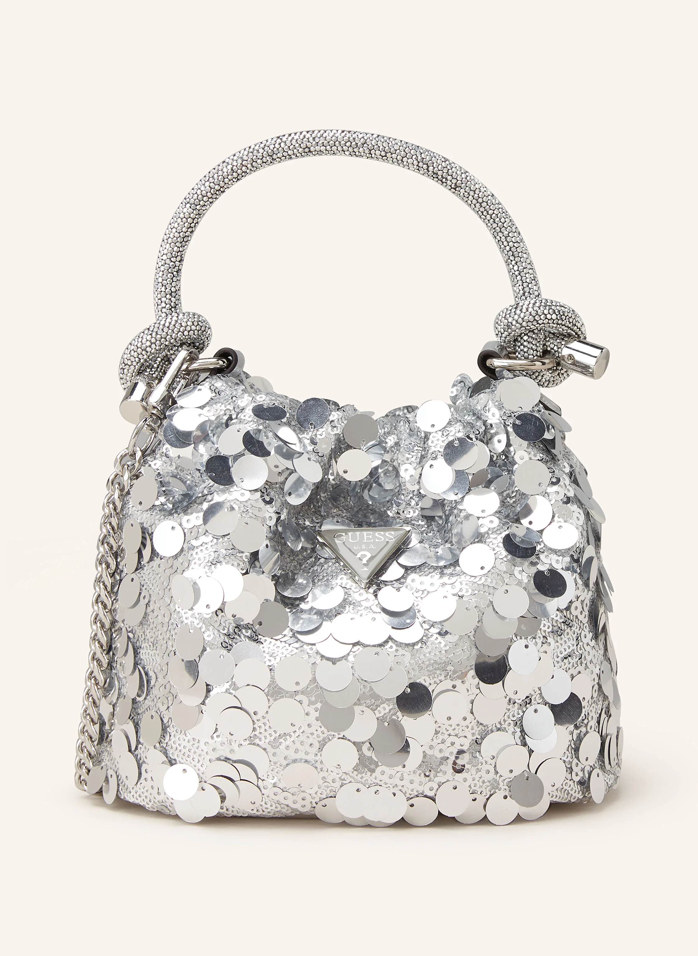 GUESS Beuteltasche HOLIDAY mit Pailletten und Schmucksteinen in silber