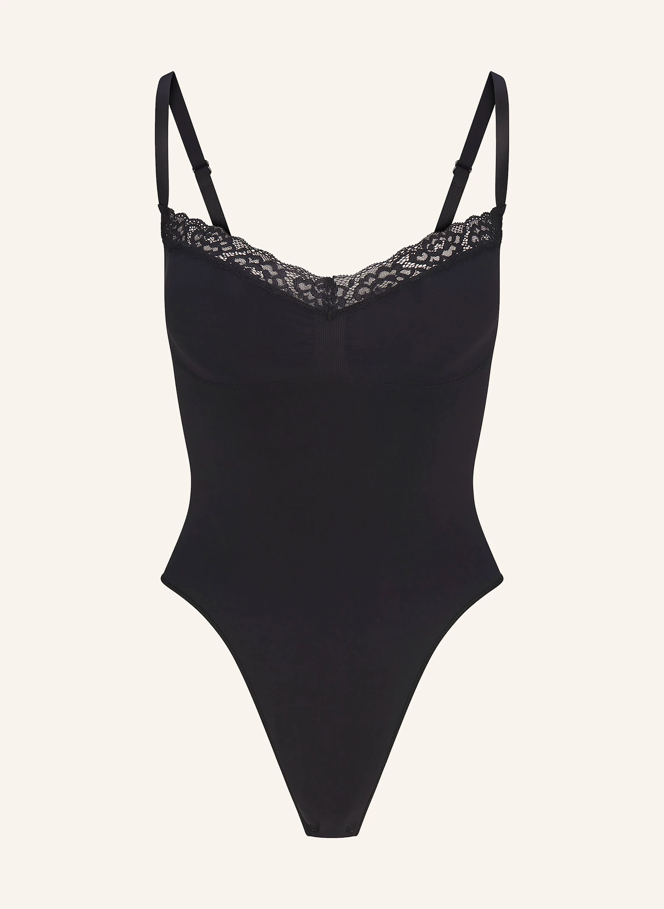 SKIMS Shape-Body SEAMLESS SCULPT LACE THONG BODYSUIT in black