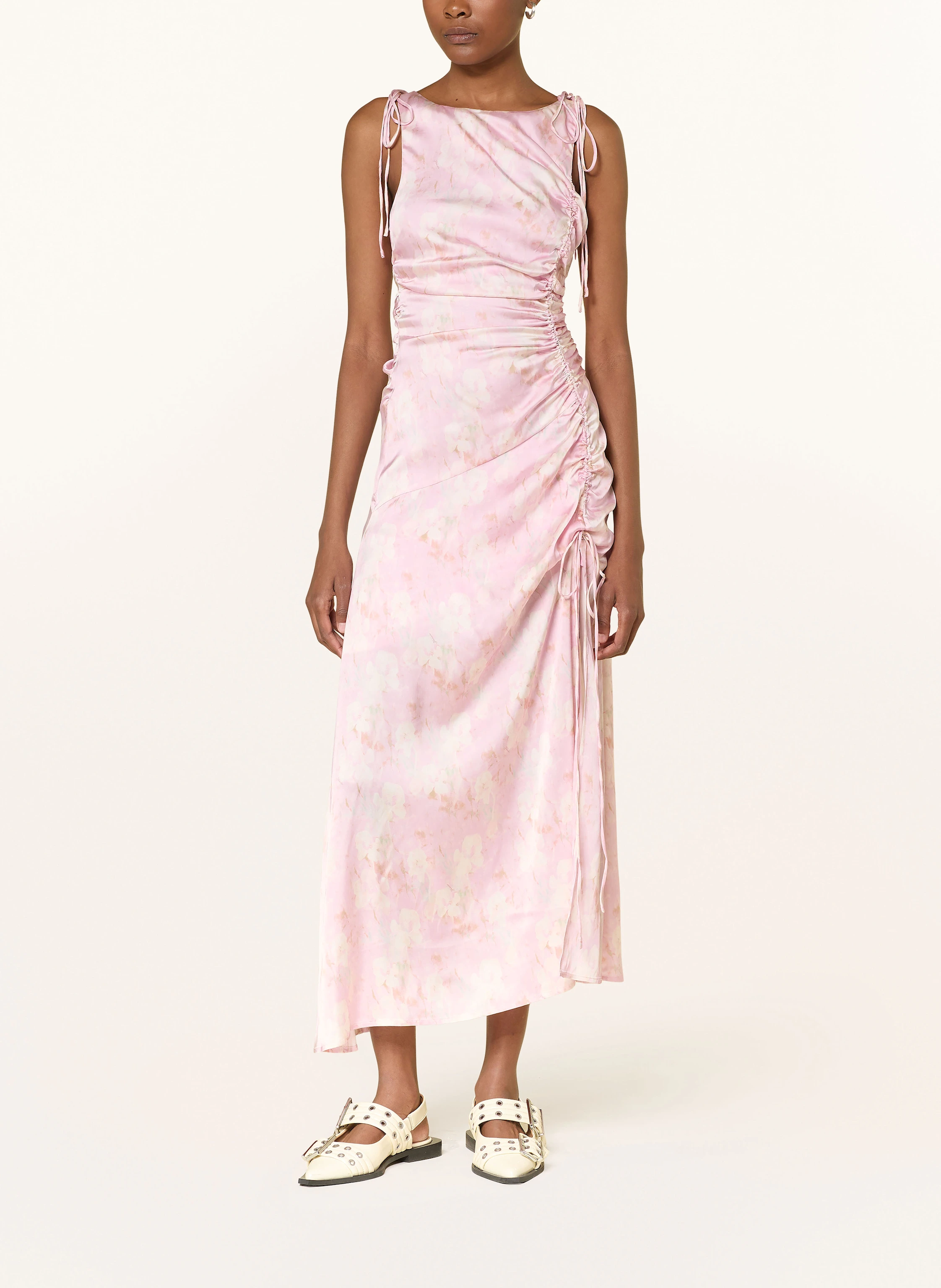 ganni pleated satin dress pink Ganni for FWRD Pleated Satin Dress in Pale Lilac