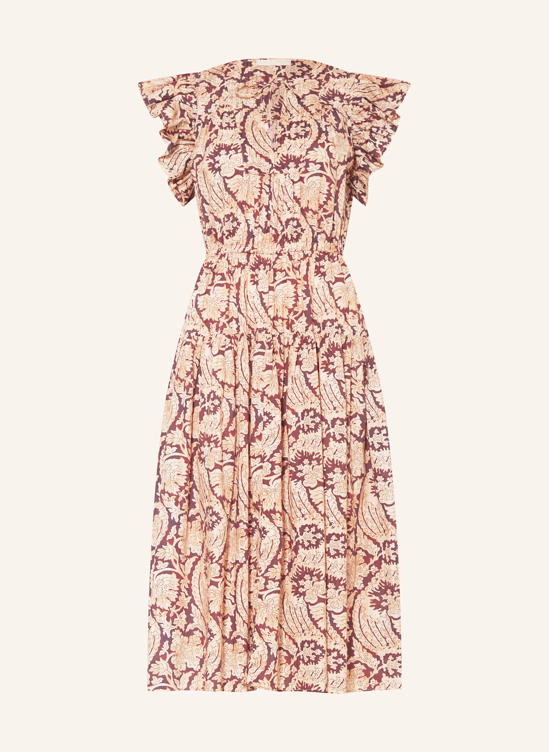 ULLA JOHNSON KAIRI dress with frills in beige/ dark red
