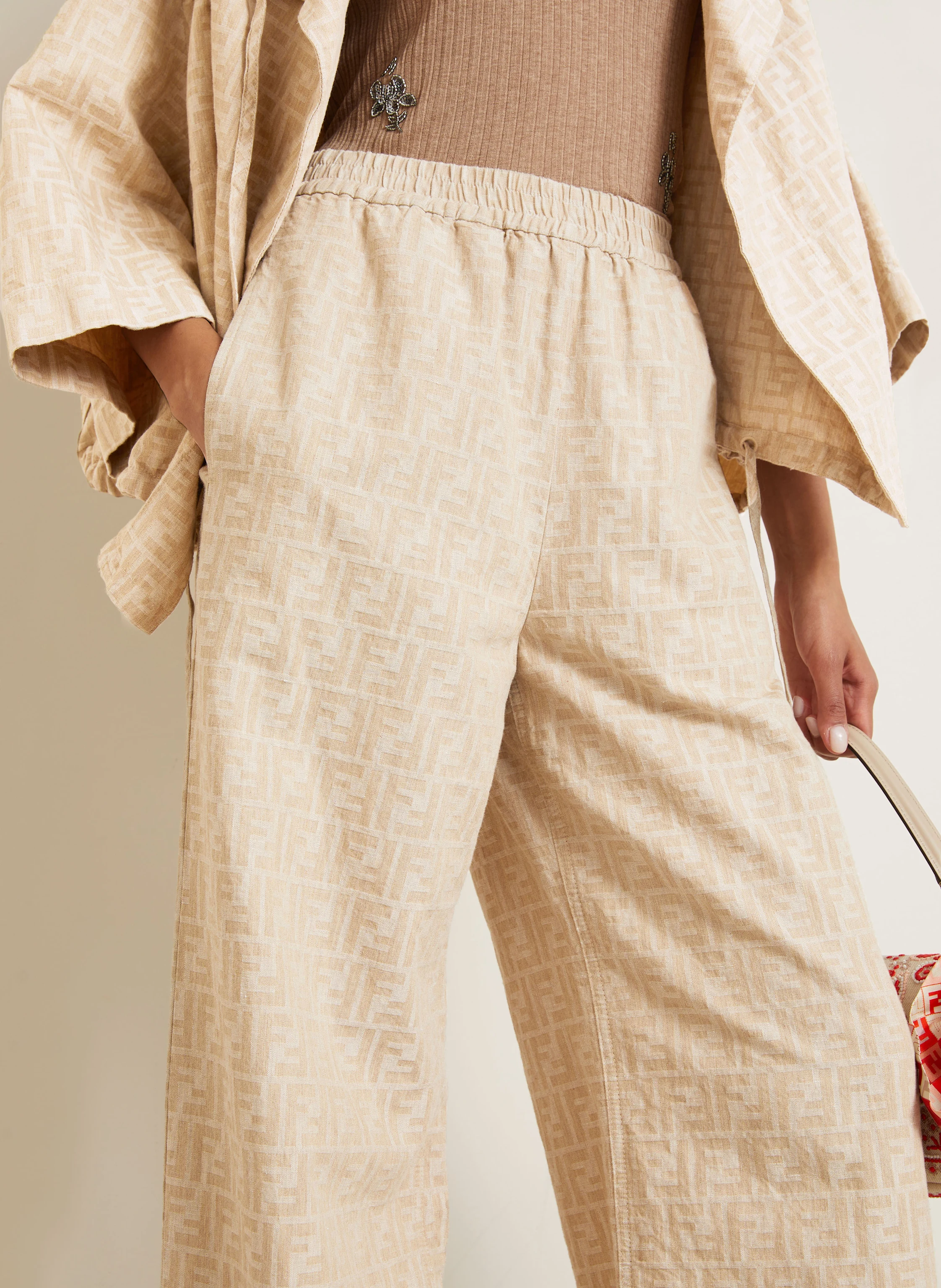 FENDI Wide leg trousers with linen in beige