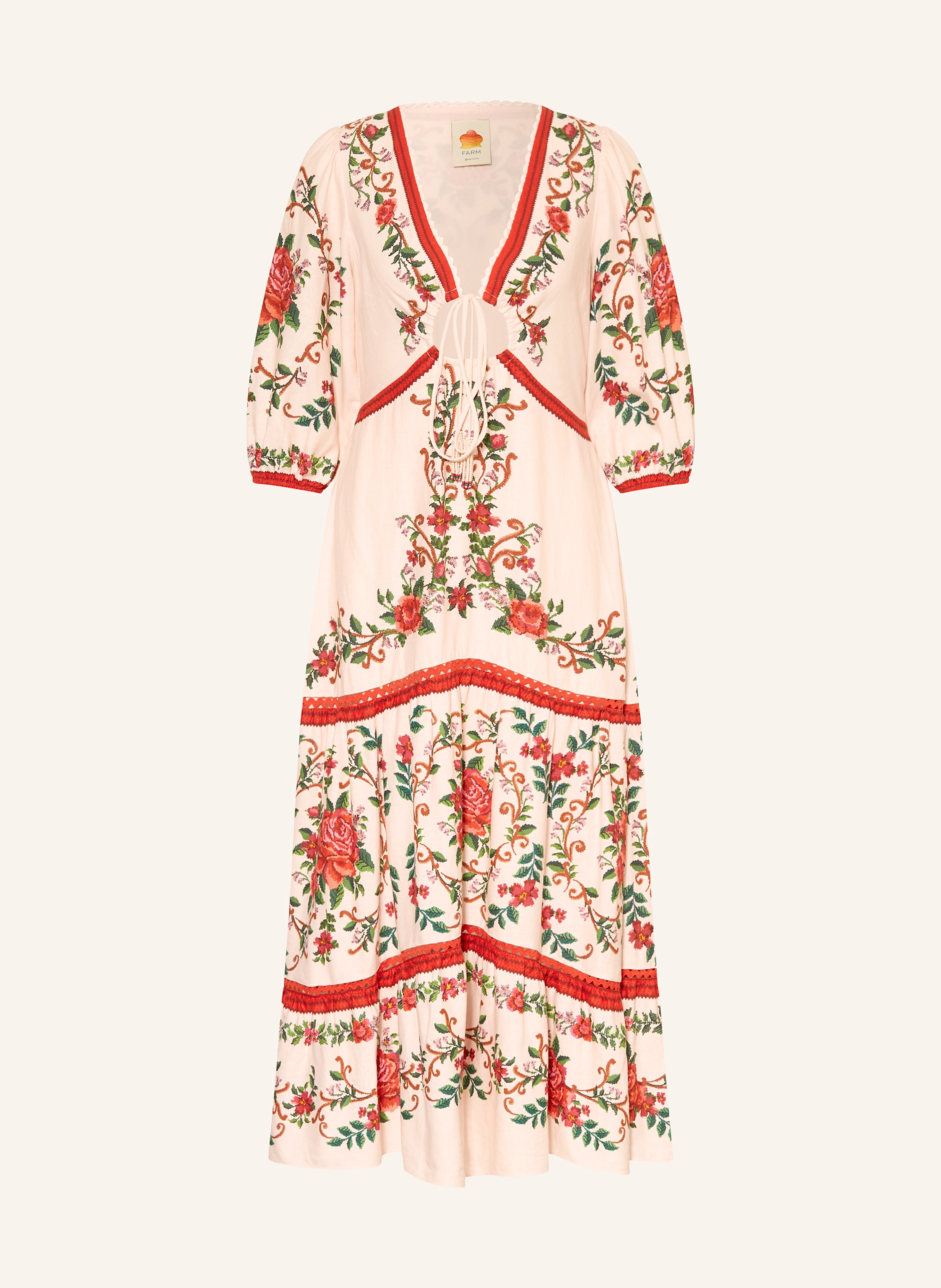 FARM RIO FLOWER TAPESTRY dress with linen and 3/4 sleeves in light pink /  red / green