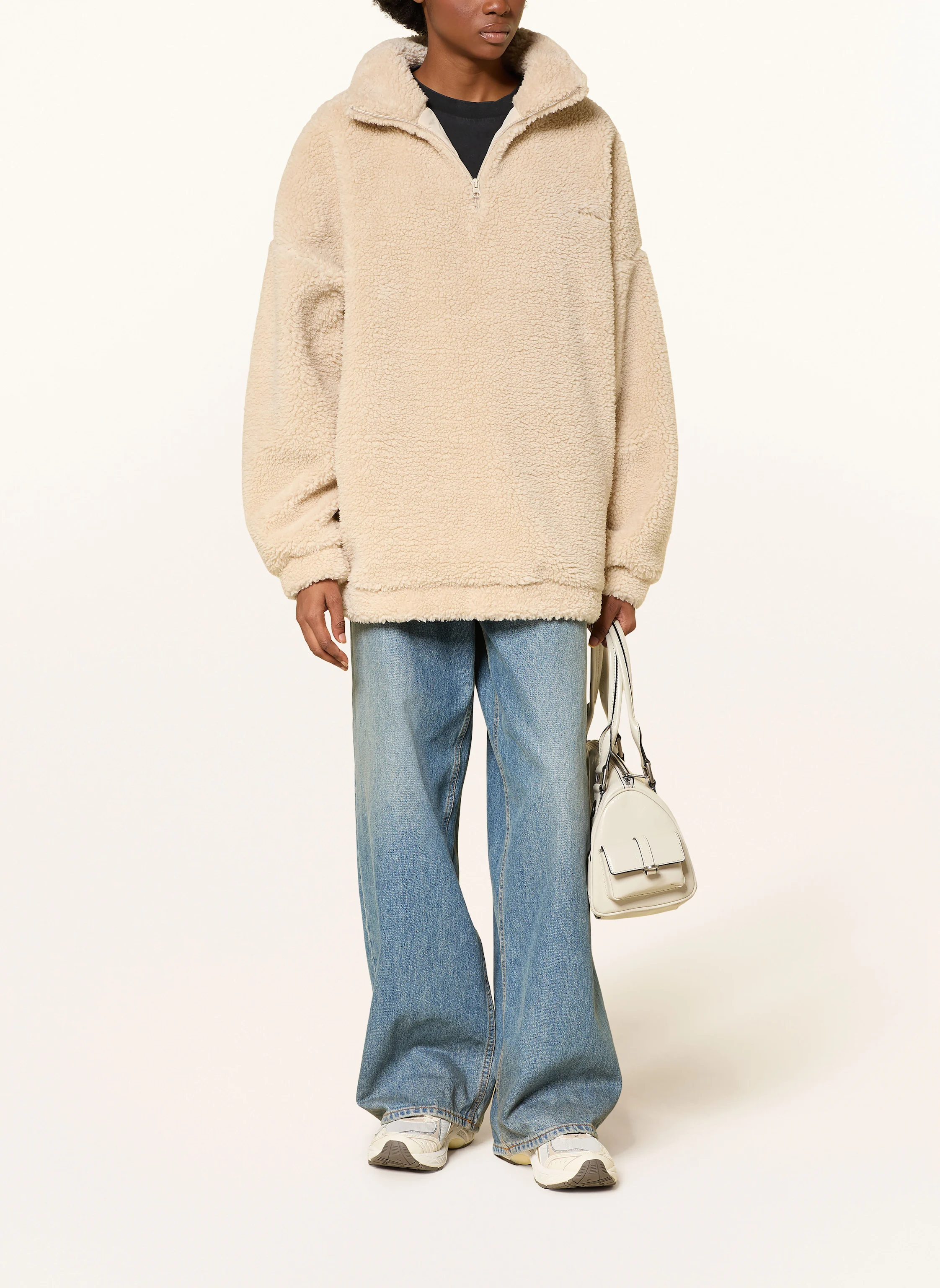 KARO KAUER Oversized half-zip sweater in fur in ecru