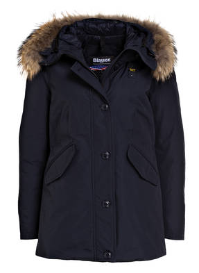 Blauer Daunenparka mit Echtpelzbesatz