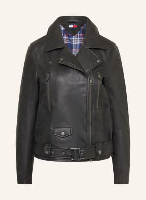 Tommy Jeans Motorkářská Bunda V Koženém Vzhledu tmavě šedá