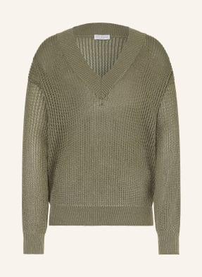 Brunello Cucinelli Svetr S Třpytivou Přízí khaki / zlatá