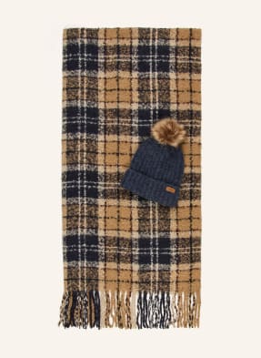 Barbour Set Saltburn: Čepice S Umělou Kožešinou A Šálem velbloudí / tmavě modrá