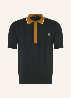 Fred Perry Pletená Polokošile tmavě zelená / koňaková