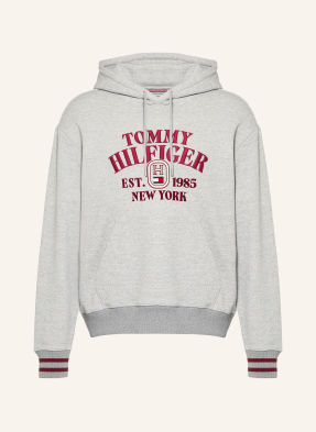 Tommy Hilfiger Mikina S Kapucí šedá / tmavě červená / bílá