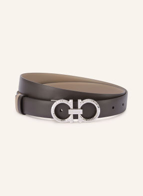 Ferragamo Kožený Opasek Oboustranný New Gancini Bright černošedá / stříbrná / tmavě hnědá