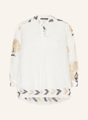 Greek Archaic Kori Shirt blouse MINI PEACOCKS in linen with 3/4 sleeves