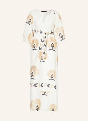 Greek Archaic Kori Beach dress MINI PEACOCKS in linen with 3/4 sleeves