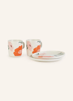 Marimekko 4dílná Sada Oiva/ Puutarhakutsut: Hrnky A Dezertní Talířky režná / zelená / oranžová