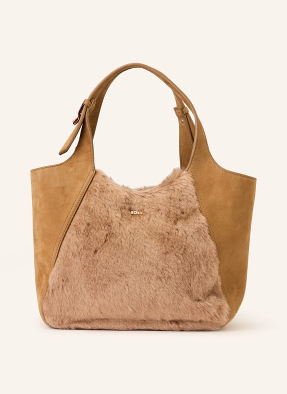 BOSS LENAH shopper bag with faux fur CAMEL