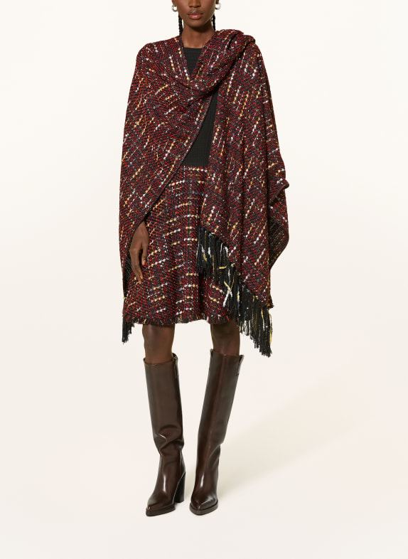 TALBOT RUNHOF Tweed cape met glittergaren en pailletten DONKERROOD / DONKERGEEL / ZWART