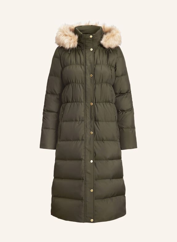 Blejzry a saka Peřový kabát s umělou kožešinou a odnímatelnou kapucí TMAVĚ ZELENÁ