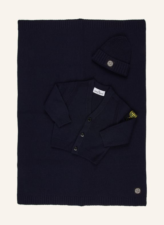 STONE ISLAND JUNIOR Set: Strickjacke, Plaid und Mütze DUNKELBLAU