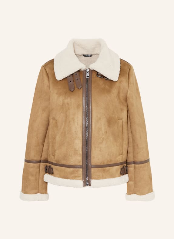 LAUREN RALPH LAUREN Jacke in Lederoptik mit Kunstfell CAMEL / DUNKELBRAUN / ECRU