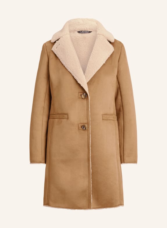 LAUREN RALPH LAUREN Mantel in Lederoptik mit Kunstfell CAMEL / CREME