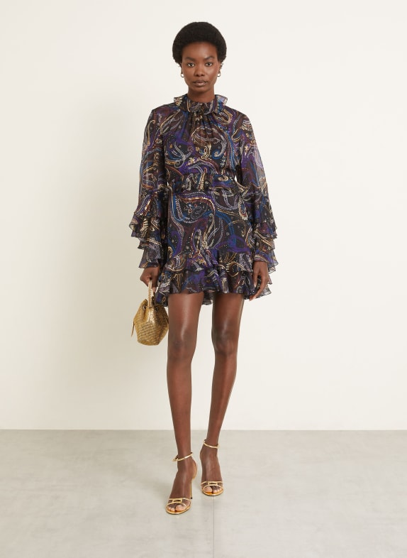 ETRO Cocktailkleid aus Seide mit Volants DUNKELBLAU / BEIGE / DUNKELROT