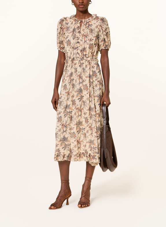 ULLA JOHNSON Kleid ROSAMUNDE mit Rüschen und Glitzergarn CREME / GRAU / ORANGE