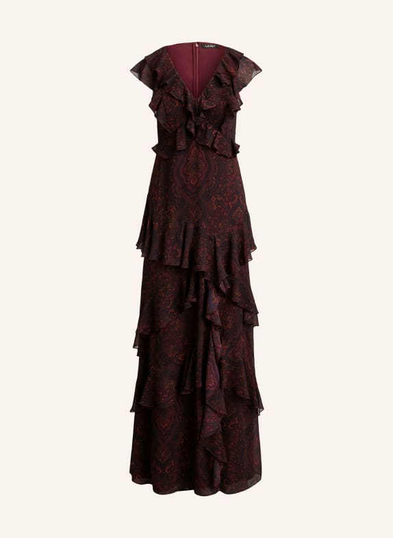 LAUREN RALPH LAUREN Abendkleid mit Volants DUNKELROT / ROT / SCHWARZ