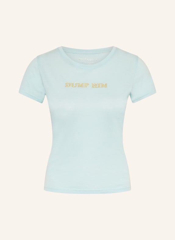 GUESS Tričko s ozdobnými kameny TYRKYSOVÁ / TMAVĚ ŽLUTÁ