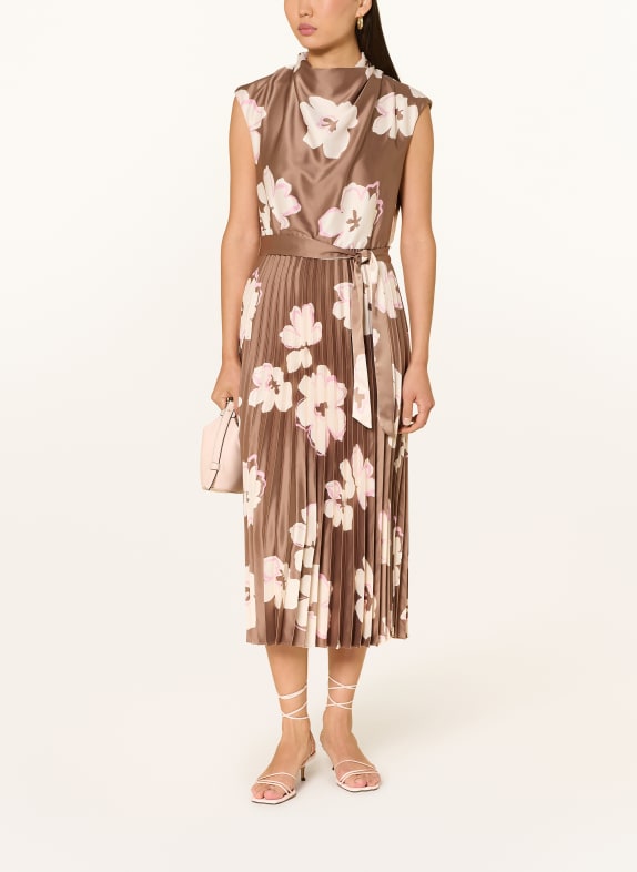 s.Oliver BLACK LABEL Plisseekleid aus Satin BRAUN / ROSA / CREME