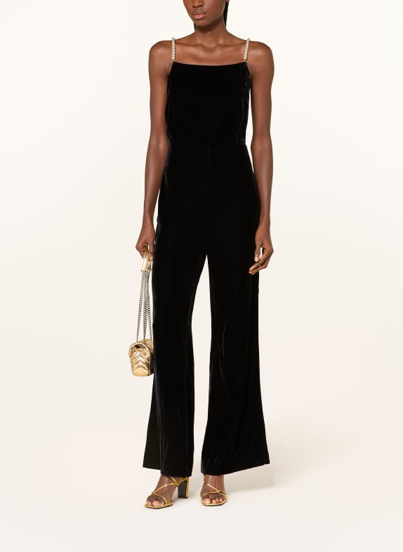 SANDRO Jumpsuit aus Samt mit Schmuckperlen SCHWARZ / WEISS