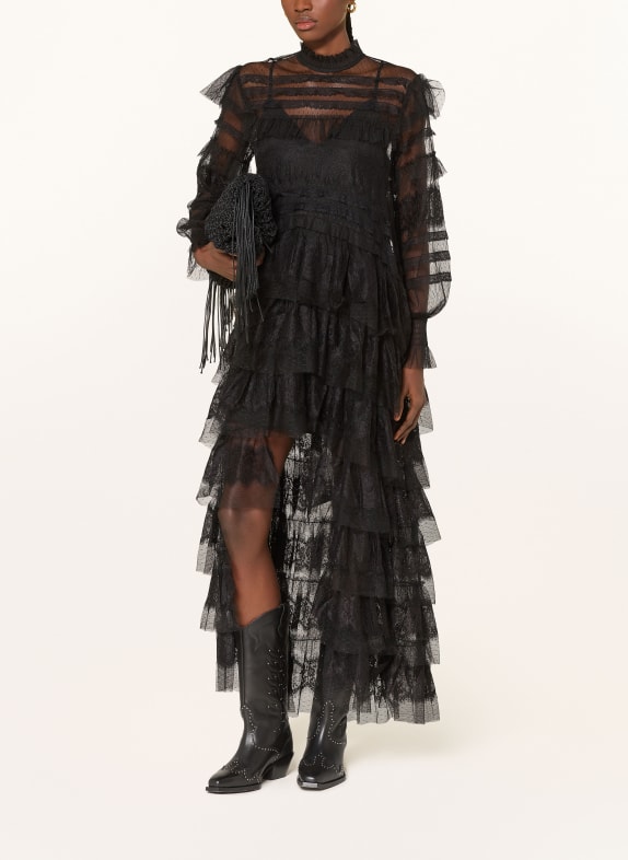 ALLSAINTS Spitzenkleid CAVARLY mit Volants SCHWARZ