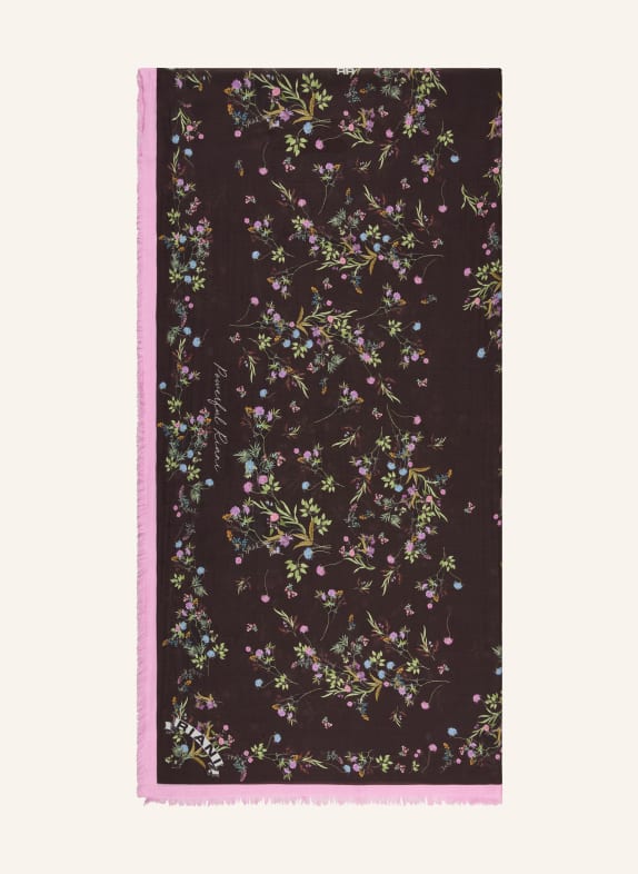 RIANI šála TMAVĚ HNĚDÁ / RŮŽOVÁ / SVĚTLE ZELENÁ