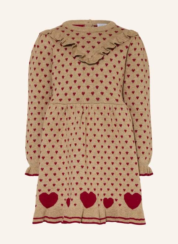 HUST and CLAIRE Strickkleid HCKARINA mit Volants HELLBRAUN / DUNKELROT