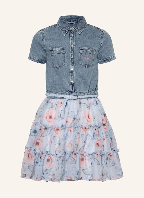 GUESS Šaty z kombinace materiálů s ozdobnými kameny TMAVĚ MODRÁ / SVĚTLE RŮŽOVÁ