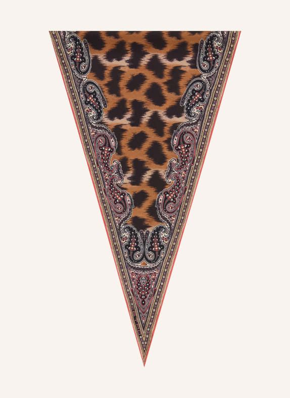 ETRO Hedvábný trojúhelníkový šátek HNĚDÁ / ČERVENÁ / ČERNÁ