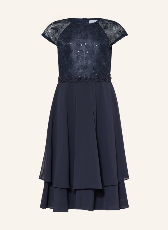 DANAMADE Koktejlové šaty z kombinace materiálů s flitry a ozdobnými perličkami TMAVĚ MODRÁ