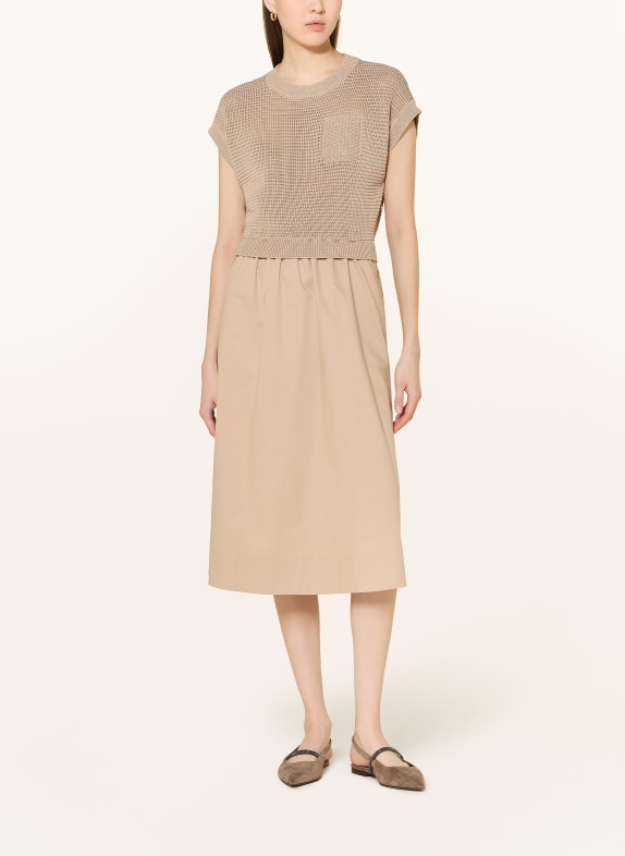 PESERICO Dress in a mix of materials with decorative pearls BEIGE
