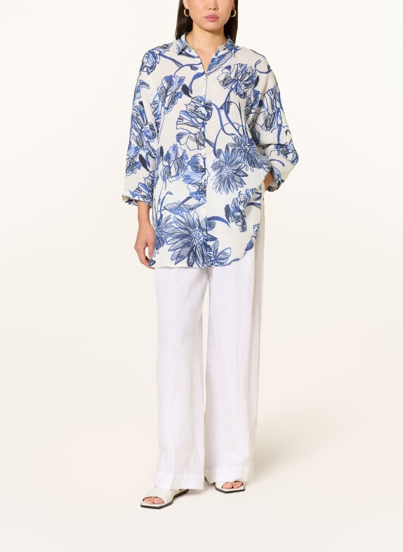 120%lino Linnen blouse met 3/4-mouwen WIT / DONKERBLAUW / BLAUW